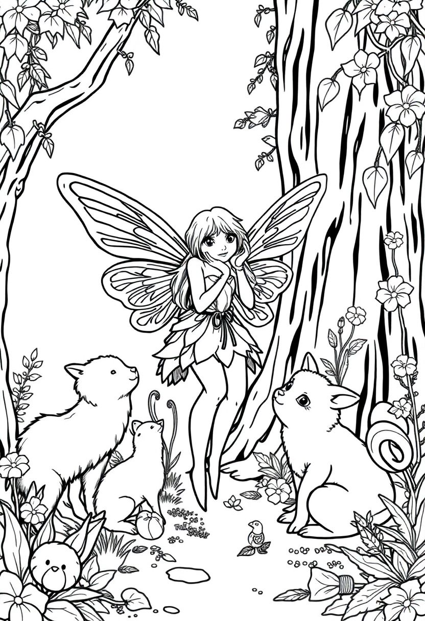 Woodland Fairy with Animals coloring page, free printable