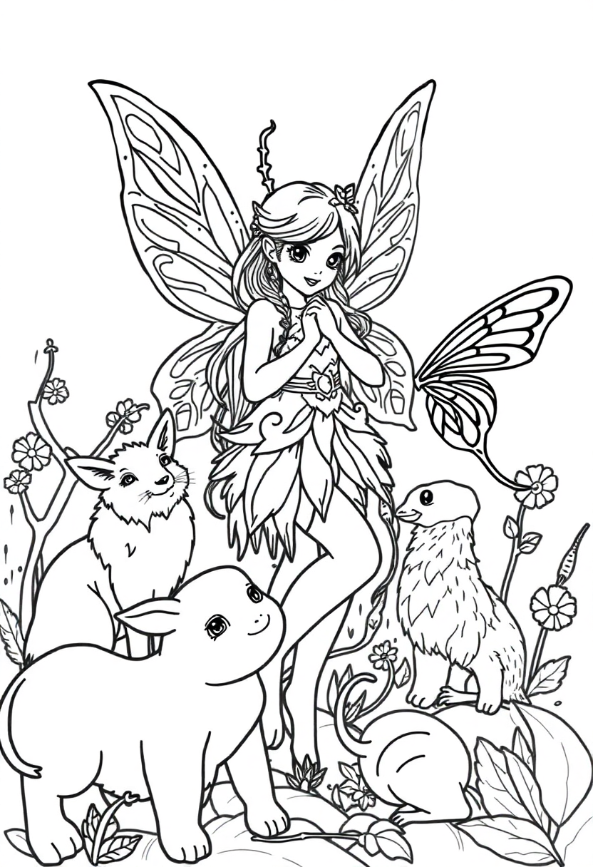 Woodland Fairy With Animals coloring pages