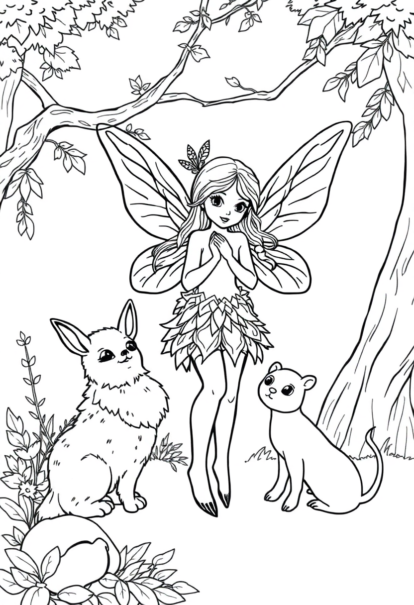 Woodland Fairy with Animals coloring page, free printable