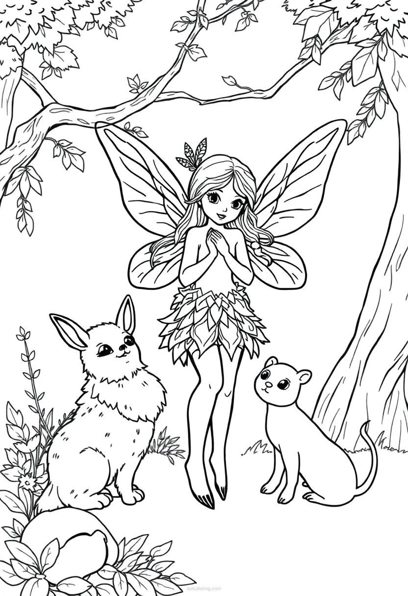 Woodland Fairy with Animals coloring page for kids