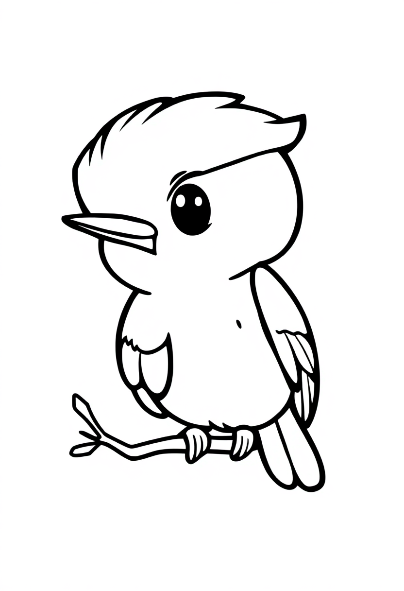 Cute chibi woodpecker coloring page with bold outlines showing cartoon bird with large eyes and simplified features