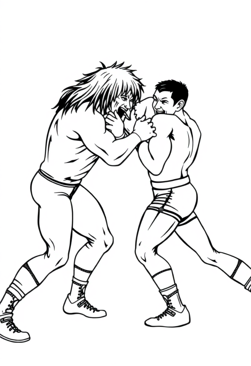 Wrestling Match Action coloring page showing two cartoon wrestlers grappling in a ring with crowd and bold outlines for kids