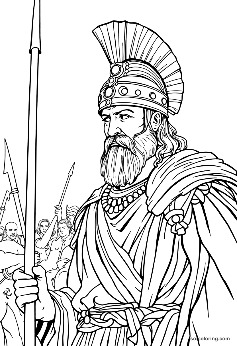 Xerxes I at the Battle of Thermopylae coloring page, free printable detailed style