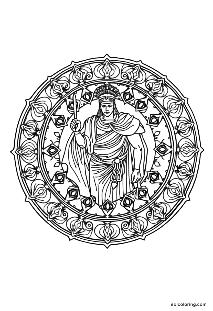 Mandala Xerxes I at the Battle of Thermopylae coloring page, free printable mandala style
