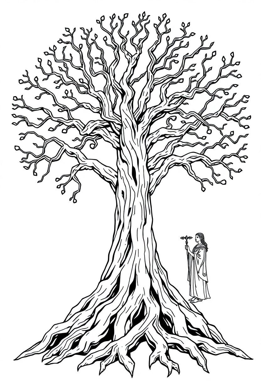 Yggdrasil World Tree coloring page, free printable