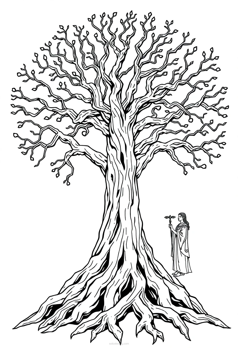 Yggdrasil World Tree coloring page for kids