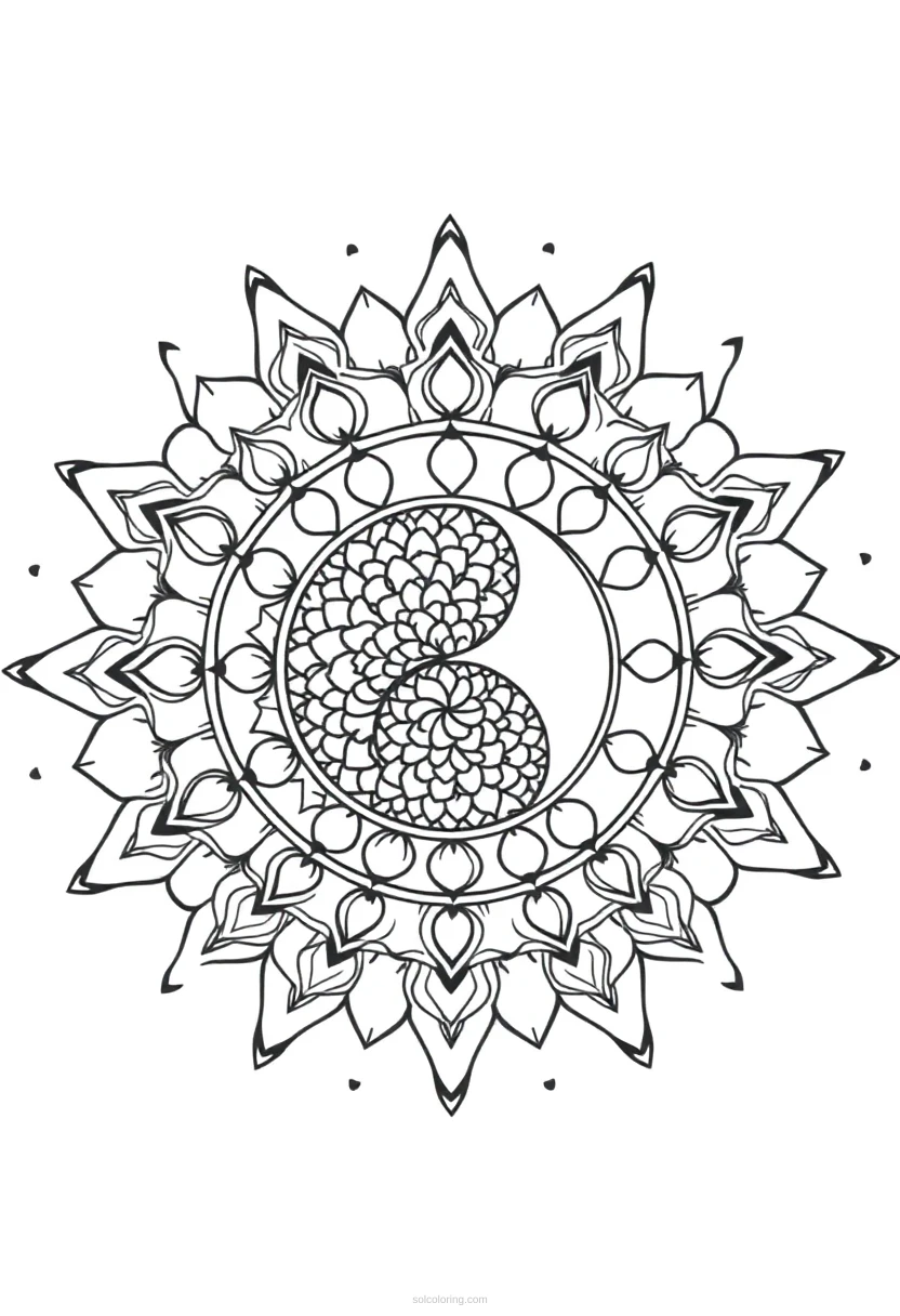 Yin Yang Balance Mandala coloring page for kids
