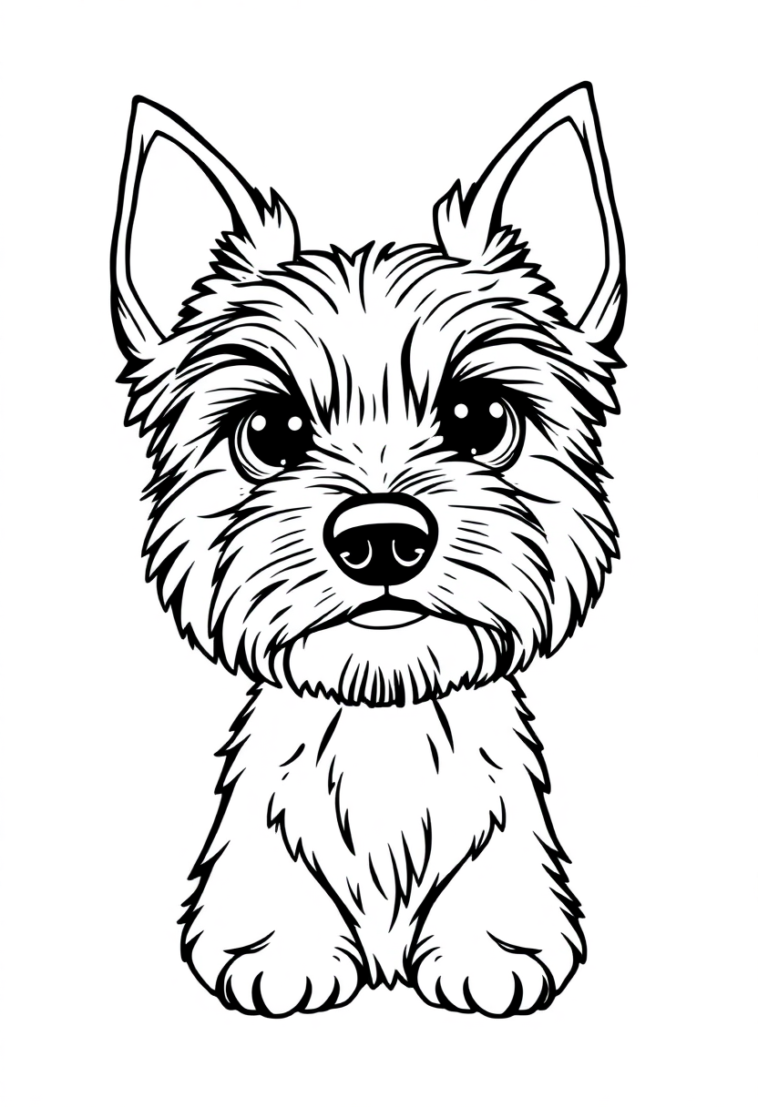 Yorkshire Terrier portrait coloring page showing cute cartoon dog with fluffy coat and bold black outlines for easy coloring