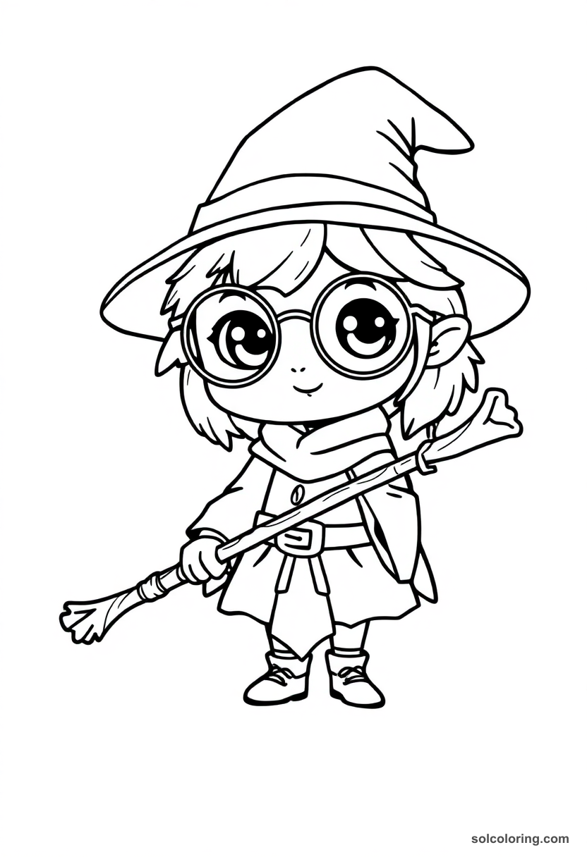 Chibi Young Apprentice Witch with Round Glasses and Carved Wooden Wand