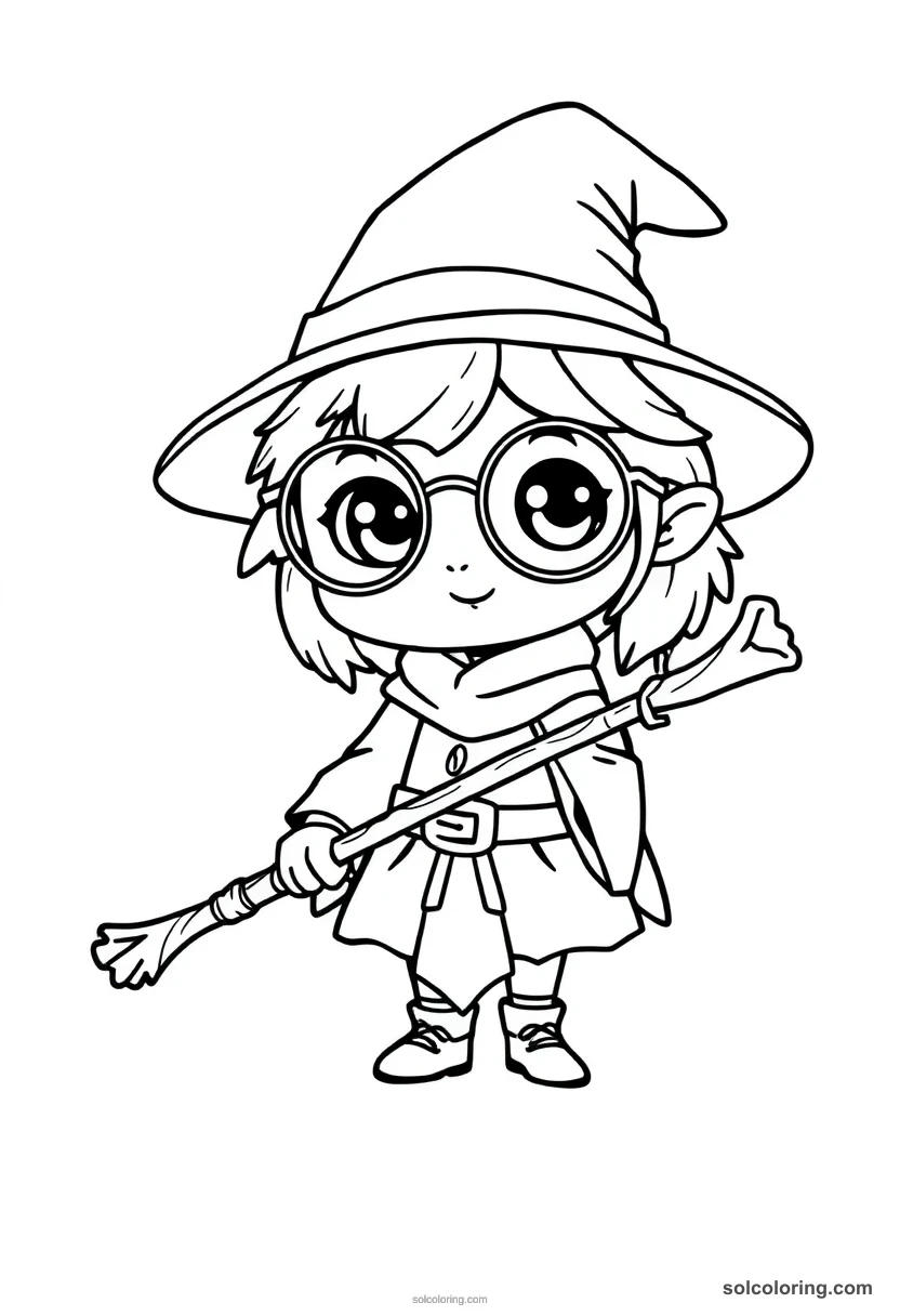 Chibi Young Apprentice Witch with Round Glasses and Carved Wooden Wand chibi coloring page for kids
