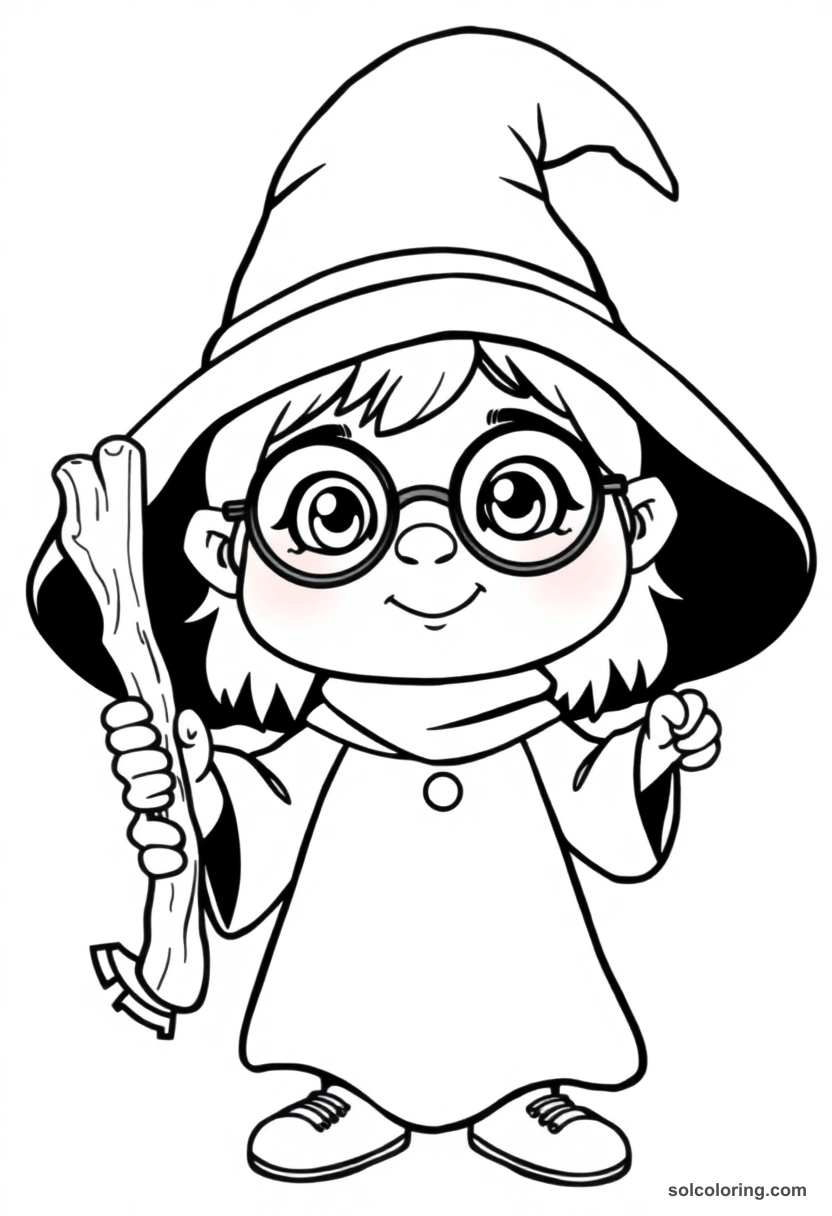 Cute Cartoon Young Apprentice Witch with Round Glasses and Carved Wooden Wand