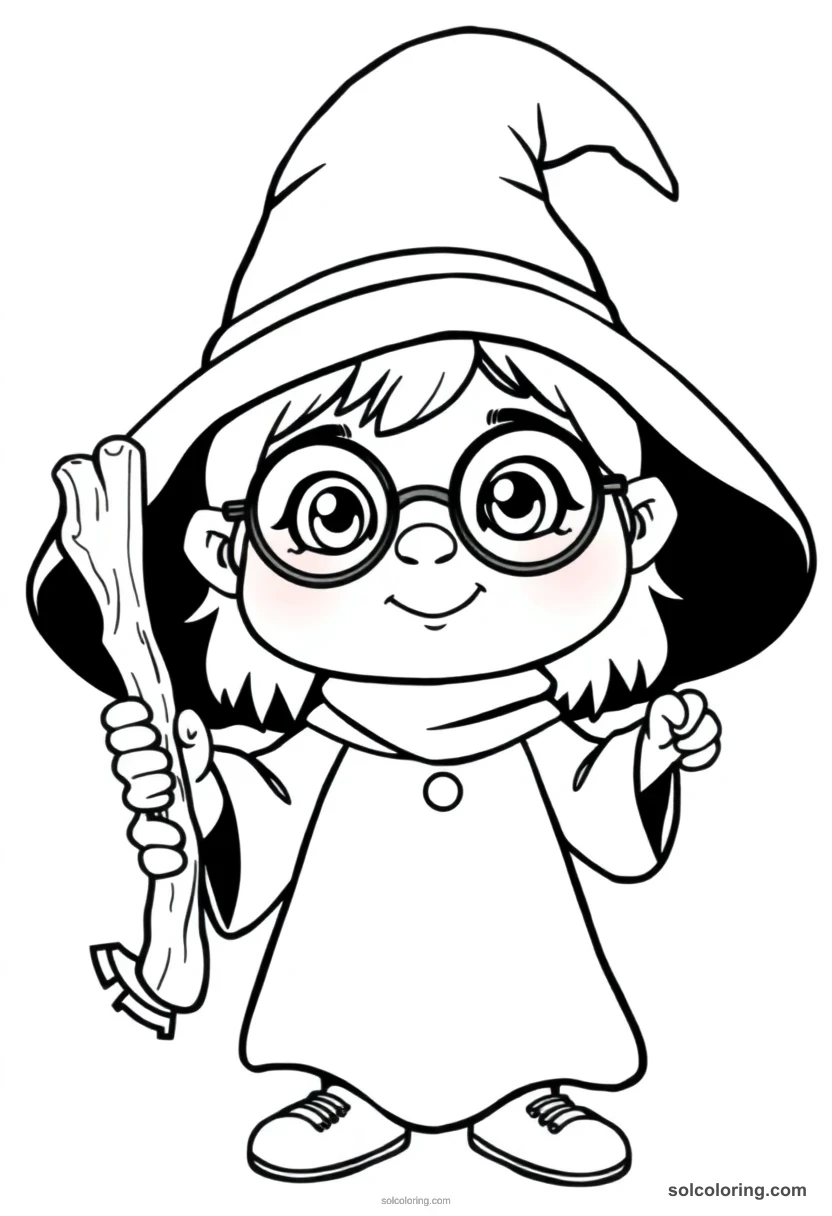 Cute Cartoon Young Apprentice Witch with Round Glasses and Carved Wooden Wand cute cartoon coloring page for kids