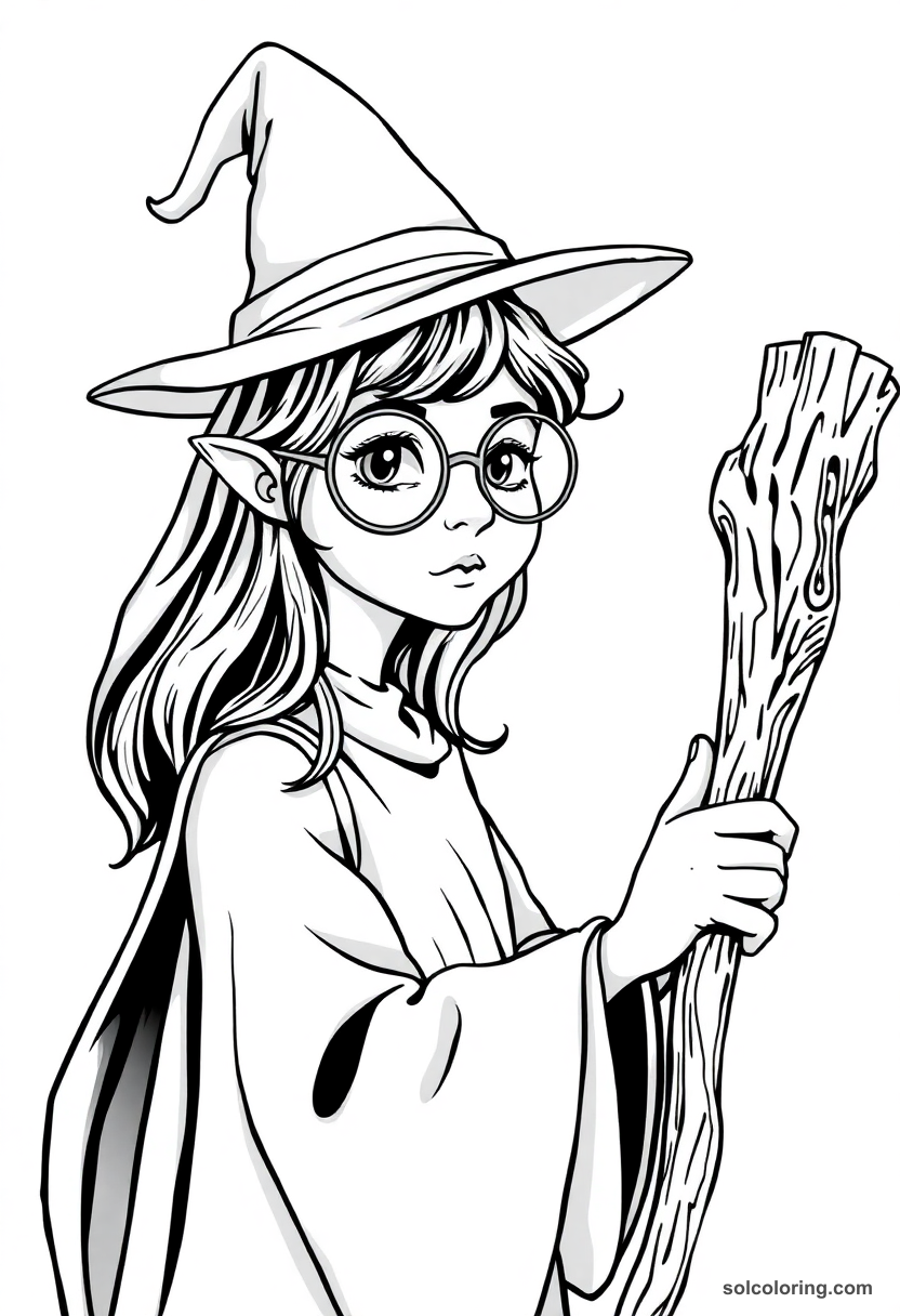 Young Apprentice Witch with Round Glasses and Carved Wooden Wand