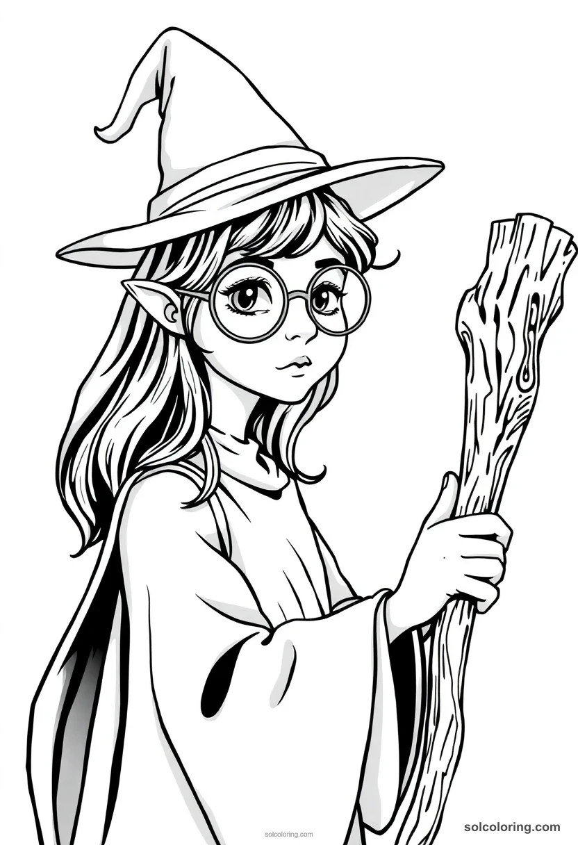 Young Apprentice Witch with Round Glasses and Carved Wooden Wand detailed coloring page for kids