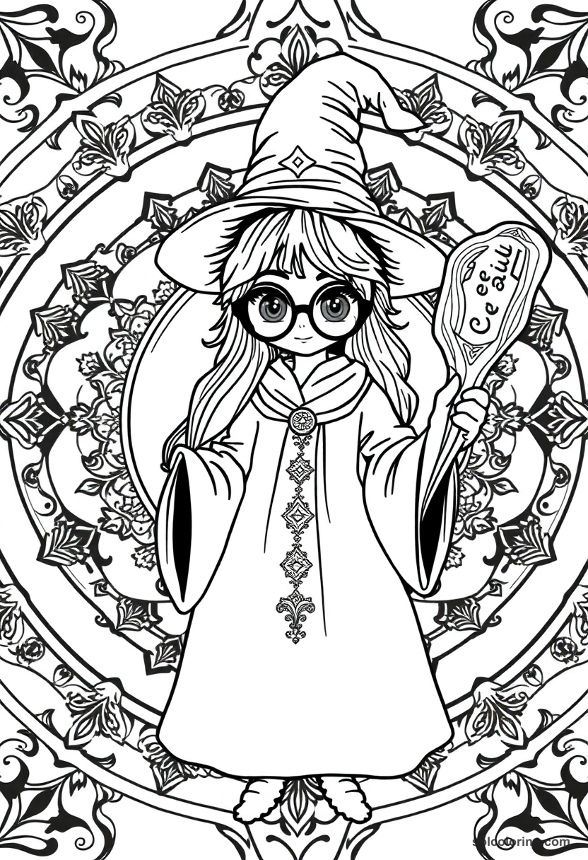 Mandala Young Apprentice Witch with Round Glasses and Carved Wooden Wand