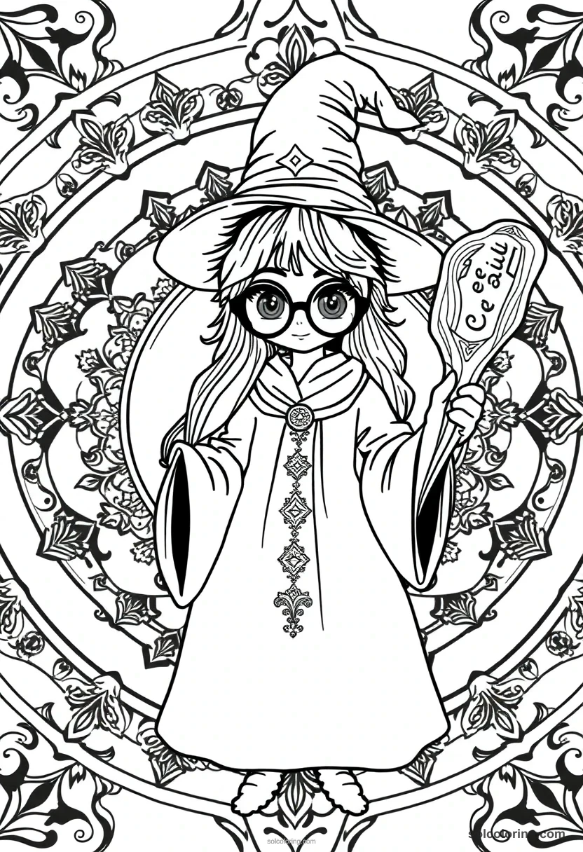 Mandala Young Apprentice Witch with Round Glasses and Carved Wooden Wand mandala coloring page for kids