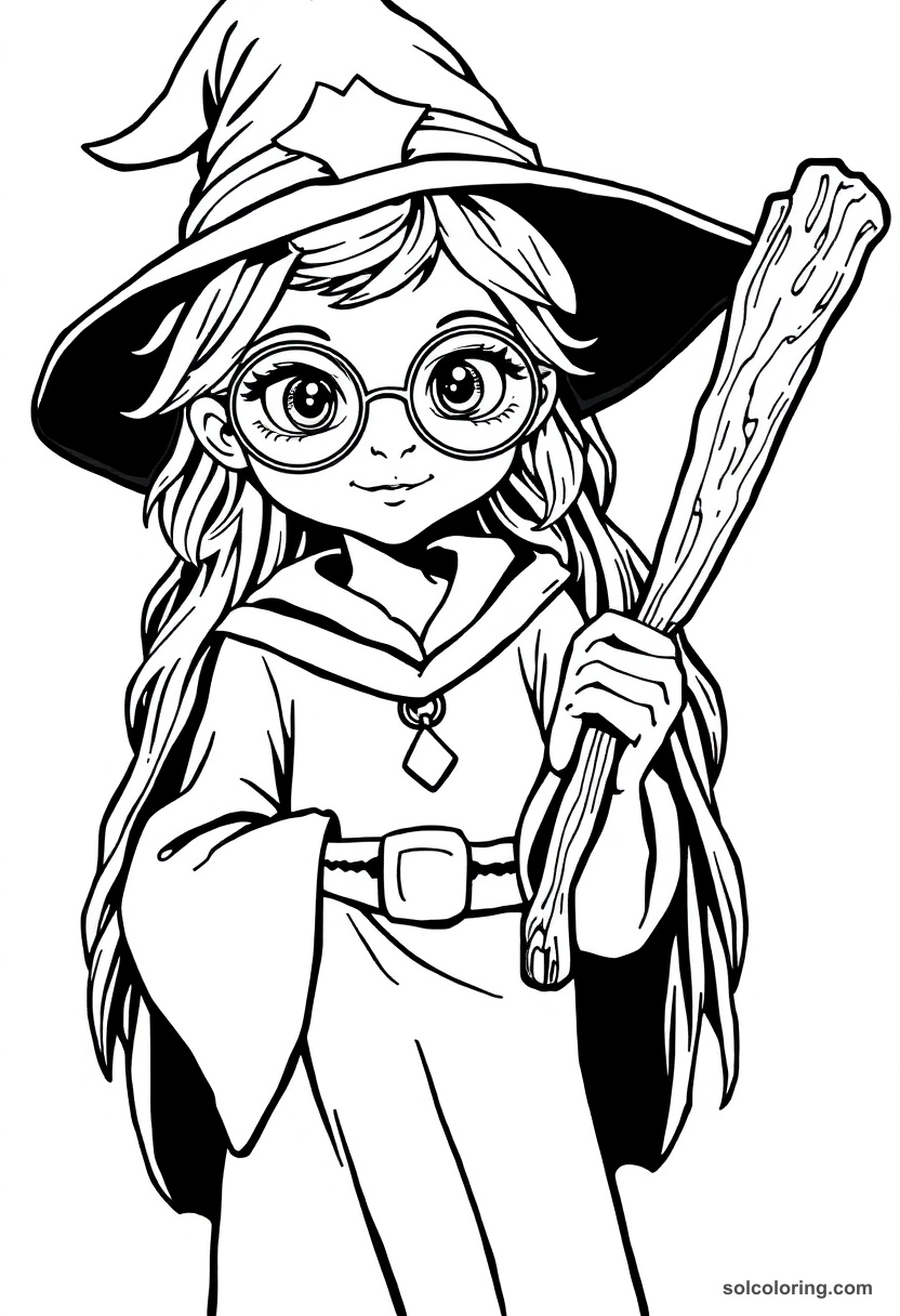 Young Apprentice Witch with Round Glasses and Carved Wooden Wand