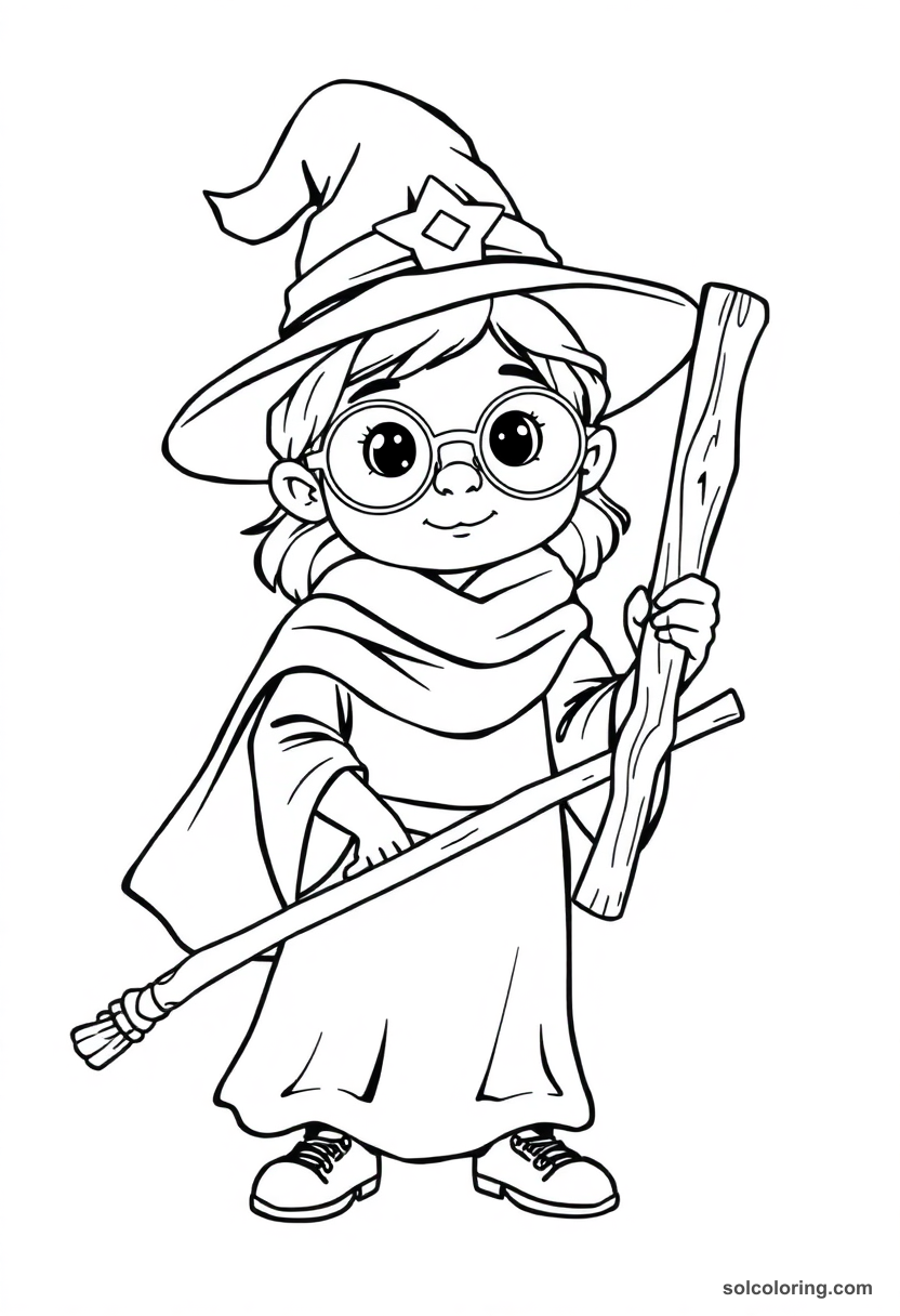 Simple Young Apprentice Witch with Round Glasses and Carved Wooden Wand