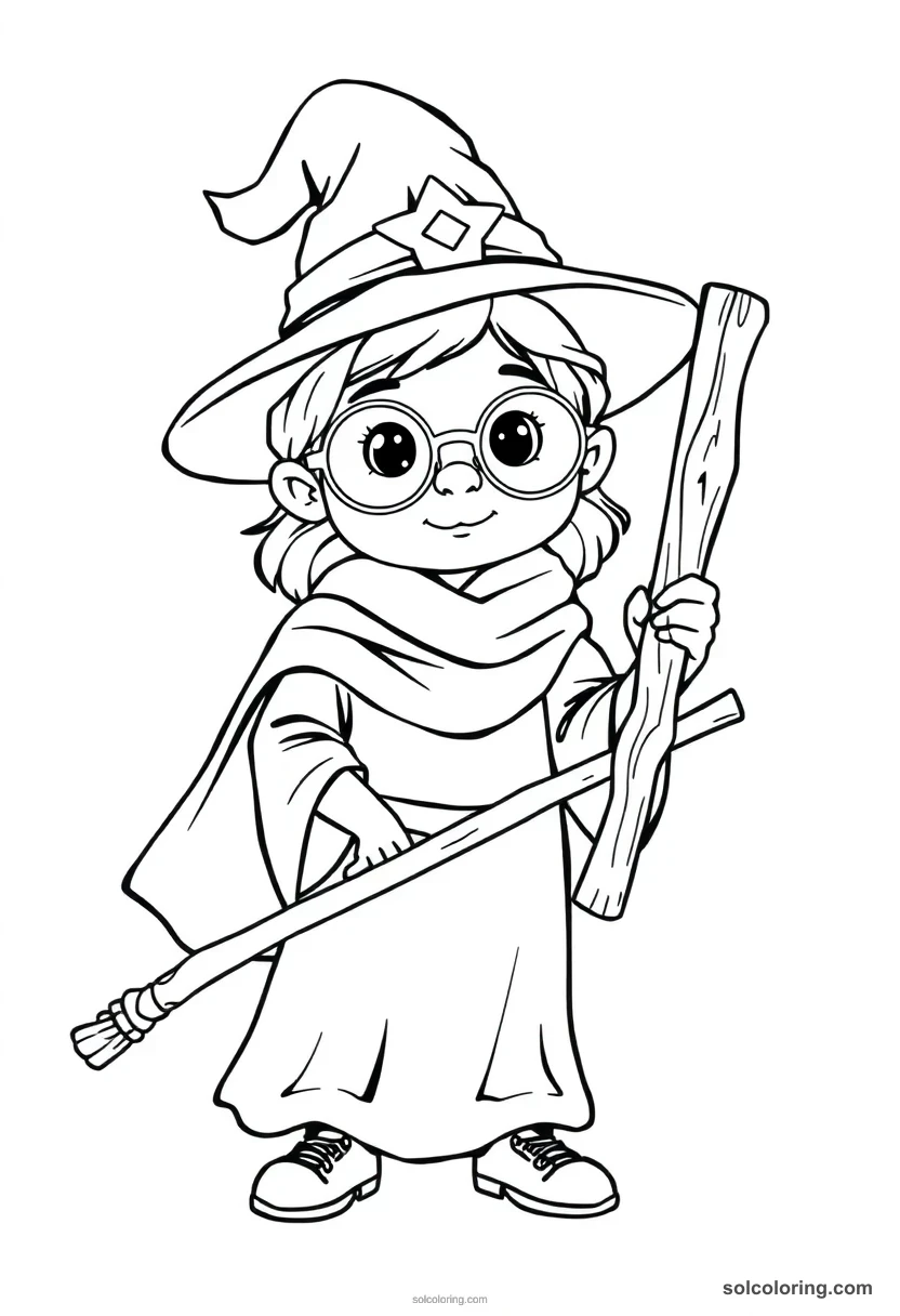 Simple Young Apprentice Witch with Round Glasses and Carved Wooden Wand simple coloring page for kids