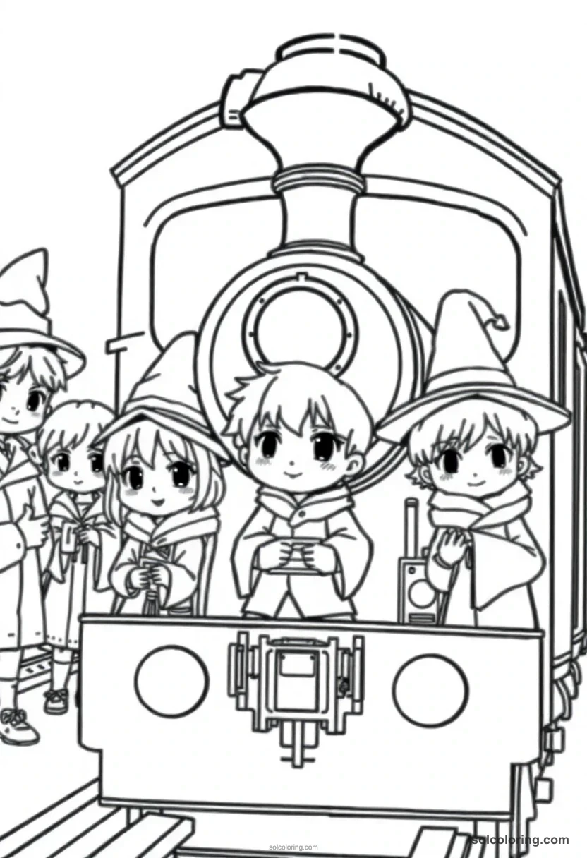 Chibi Young Students Boarding a Steam Train Bound for Wizarding School chibi coloring page for kids