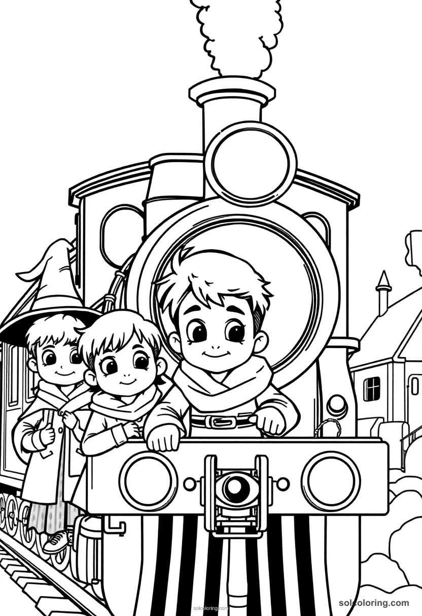 Cute Cartoon Young Students Boarding a Steam Train Bound for Wizarding School cute cartoon coloring page for kids