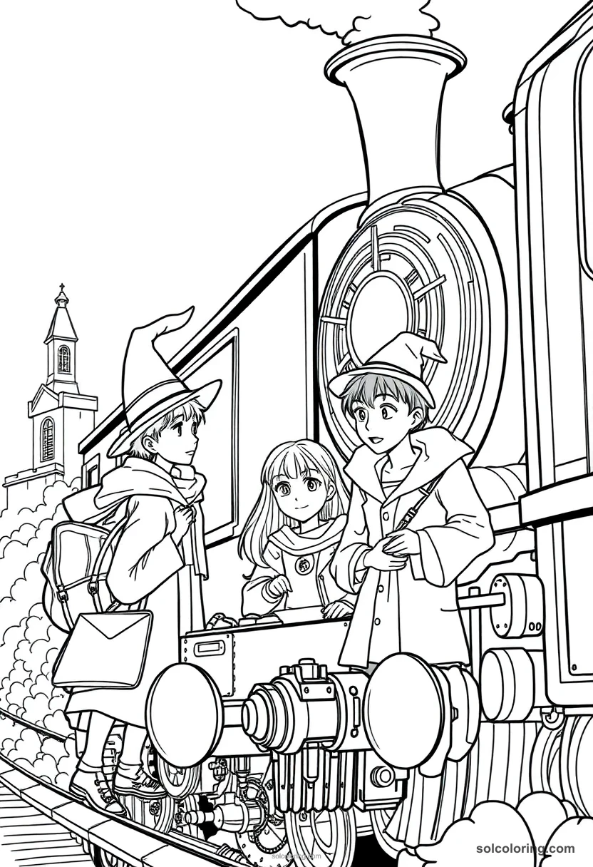 Young Students Boarding a Steam Train Bound for Wizarding School detailed coloring page for kids