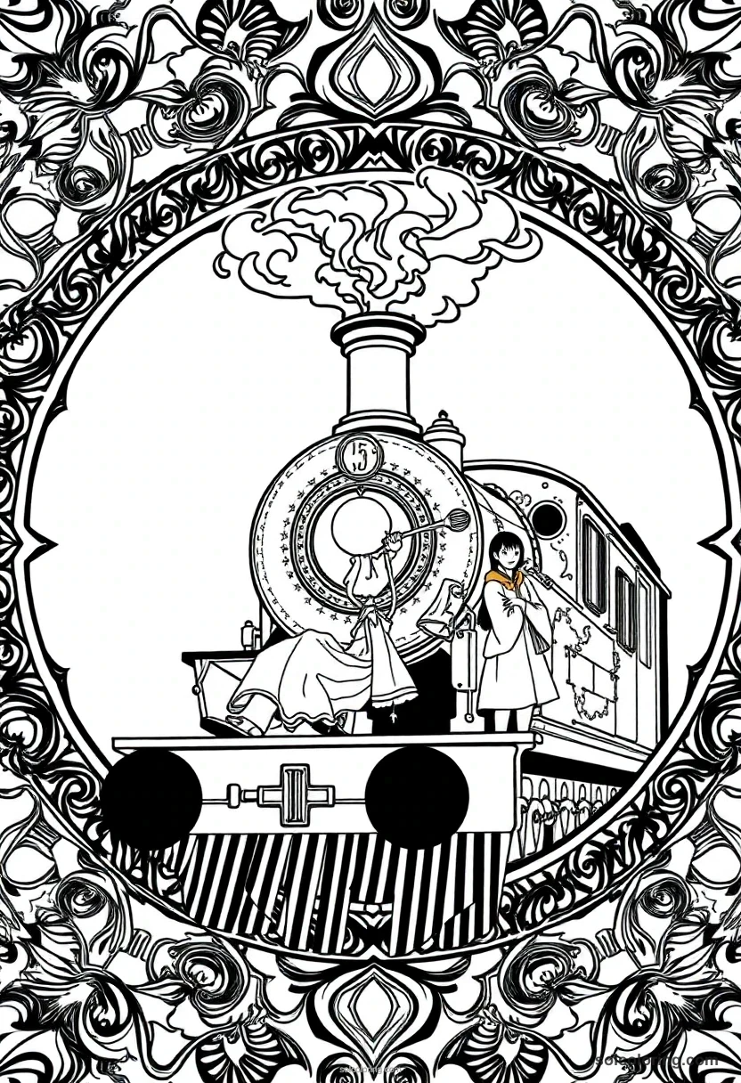 Mandala Young Students Boarding a Steam Train Bound for Wizarding School mandala coloring page for kids