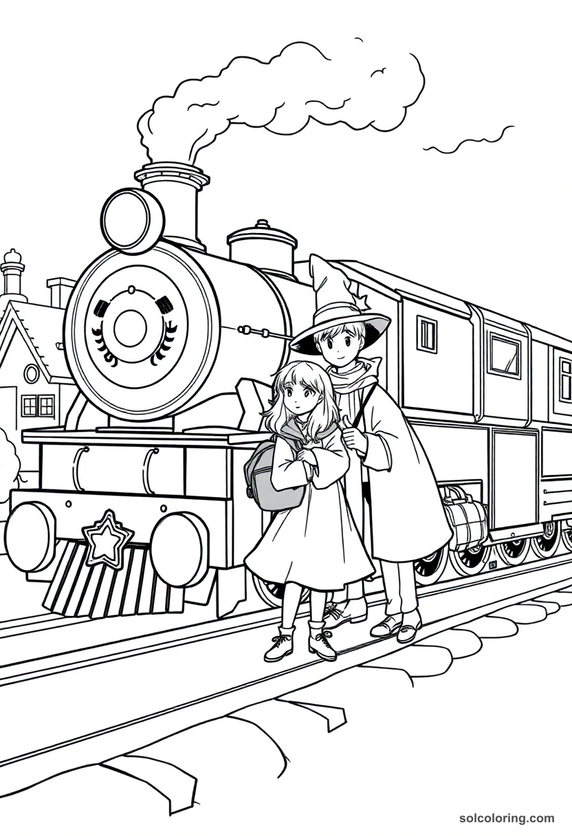 Young students with luggage boarding steam train to wizarding school coloring page with bold outlines