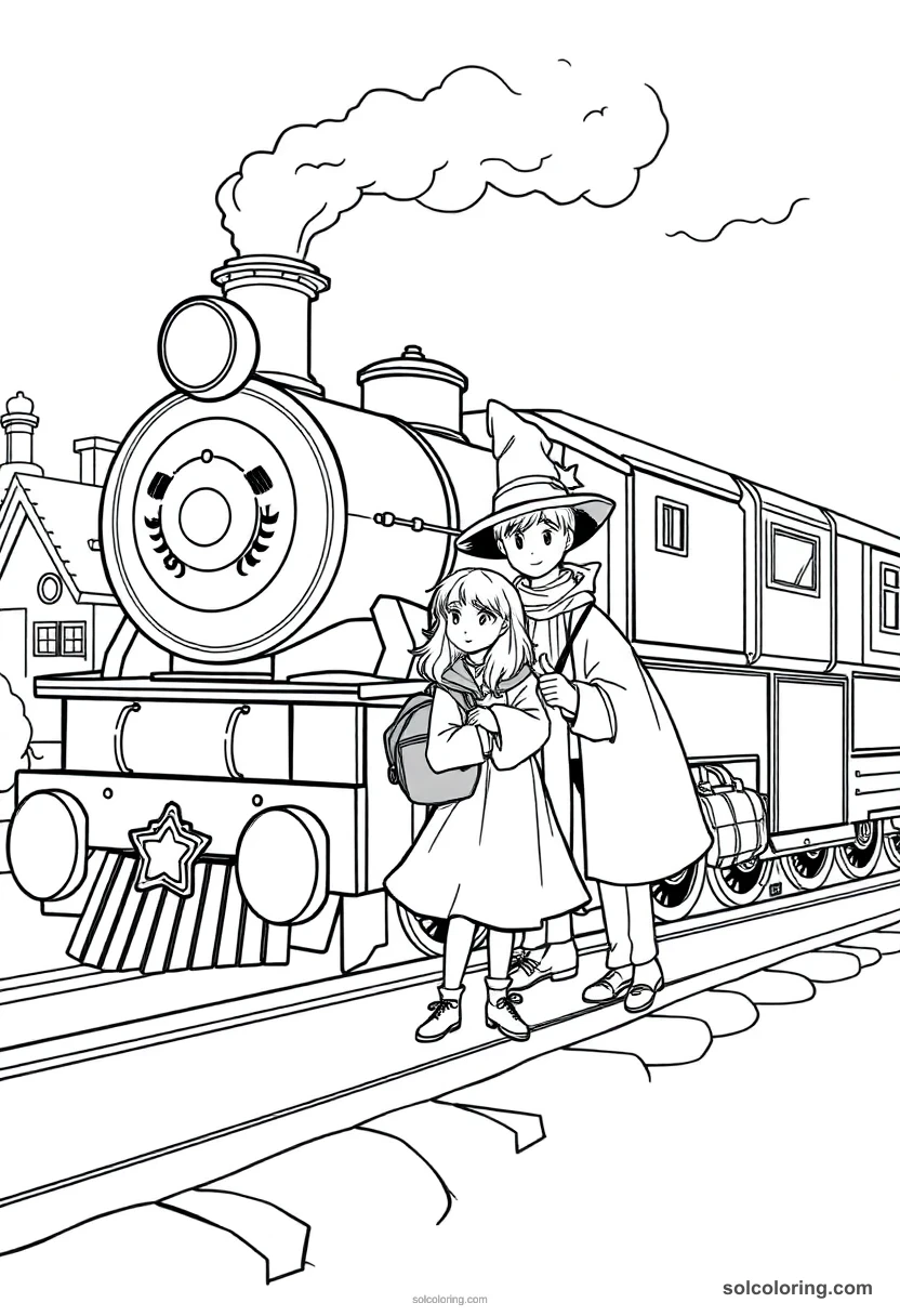 Young Students Boarding A Steam Train Bound For Wizarding School coloring pages
