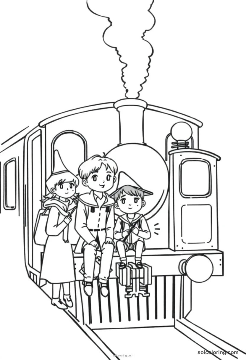 Simple Young Students Boarding a Steam Train Bound for Wizarding School simple coloring page for kids