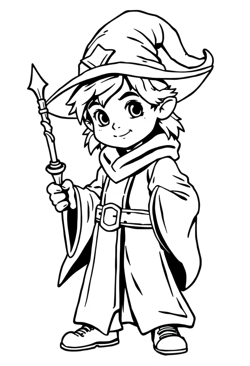 Young Wizard Apprentice with Wand coloring page for kids