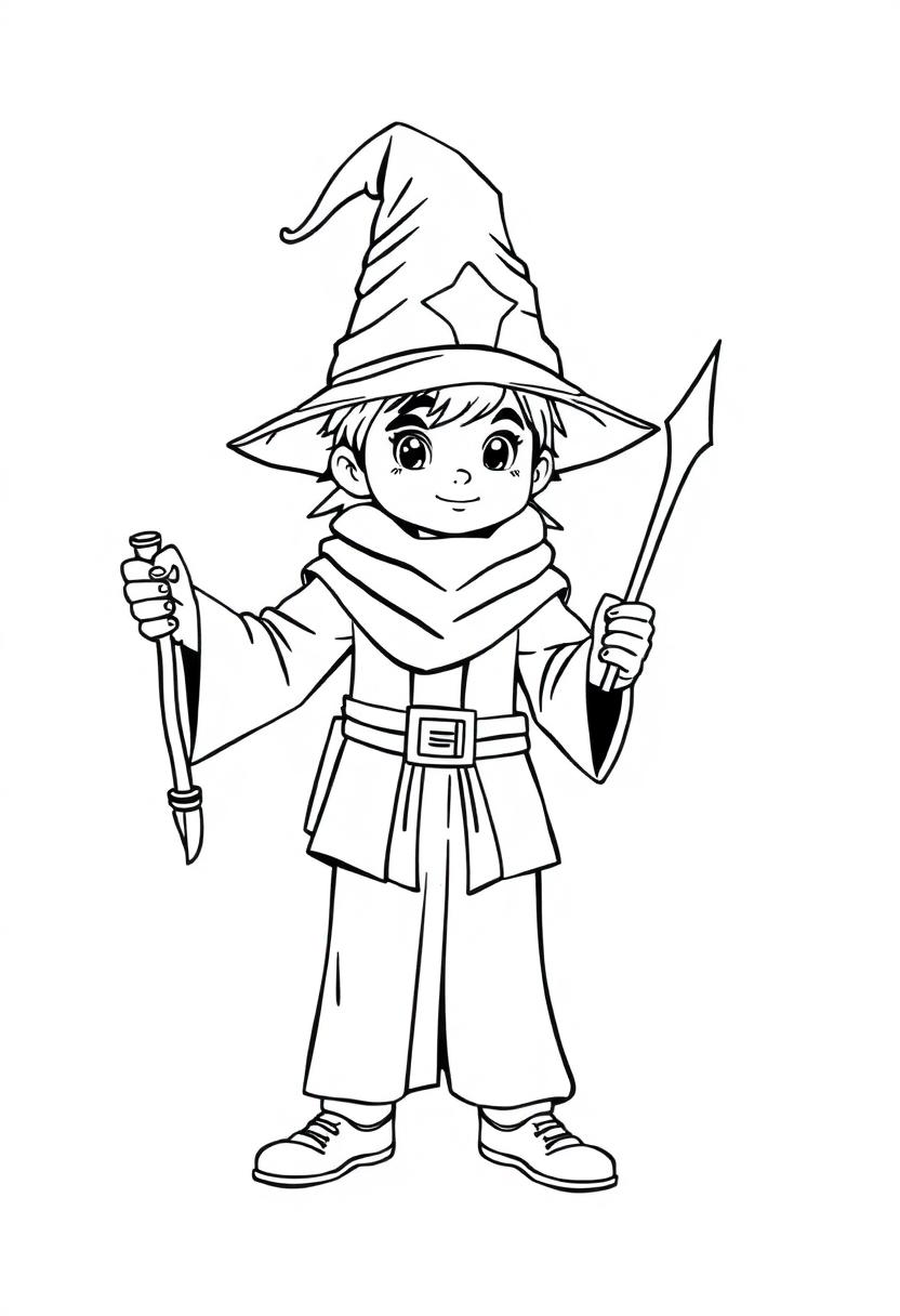 Young Wizard Apprentice with Wand coloring page for kids