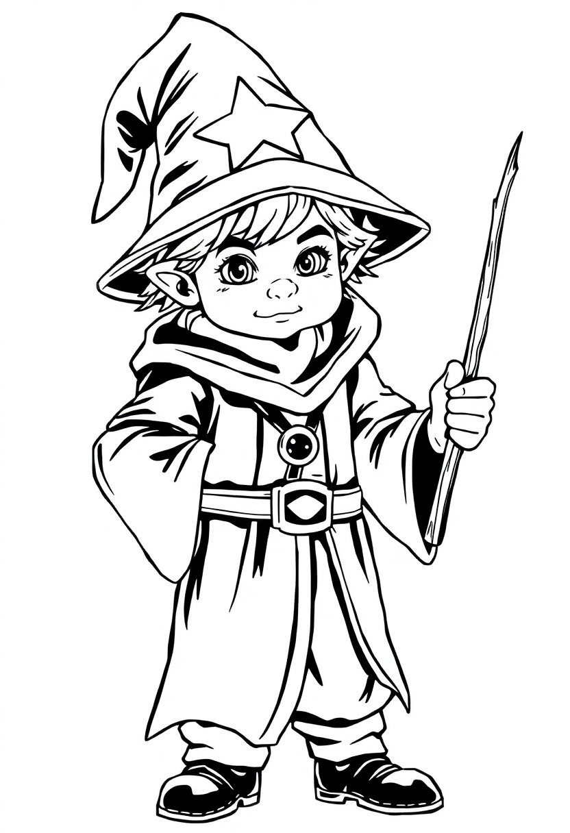 Young Wizard Apprentice with Wand coloring page for kids