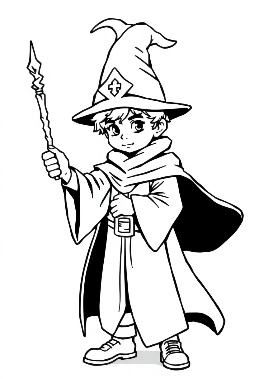Young Wizard Apprentice with Wand coloring page for kids