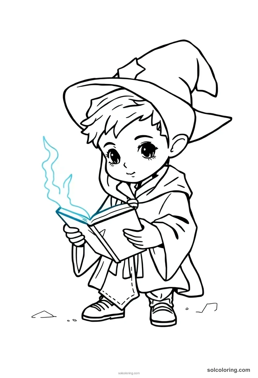 Chibi Young Wizard Student Reading a Levitating Spellbook chibi coloring page for kids