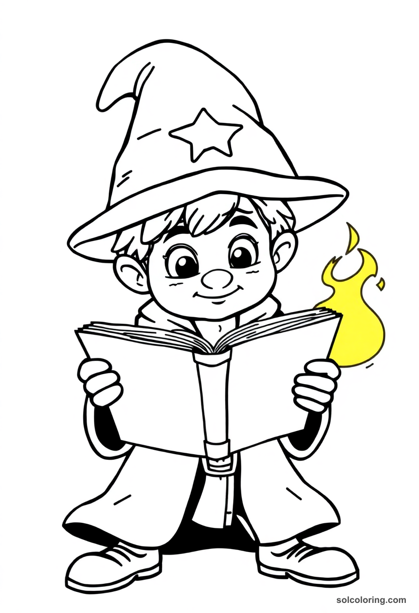 Cute Cartoon Young Wizard Student Reading a Levitating Spellbook