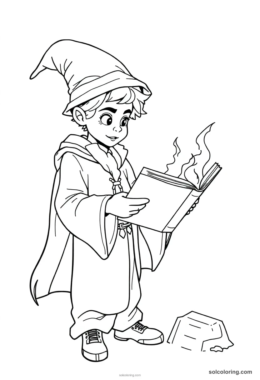 Young Wizard Student Reading a Levitating Spellbook detailed coloring page for kids