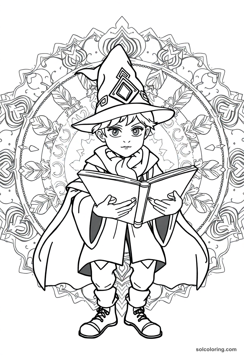 Mandala Young Wizard Student Reading a Levitating Spellbook