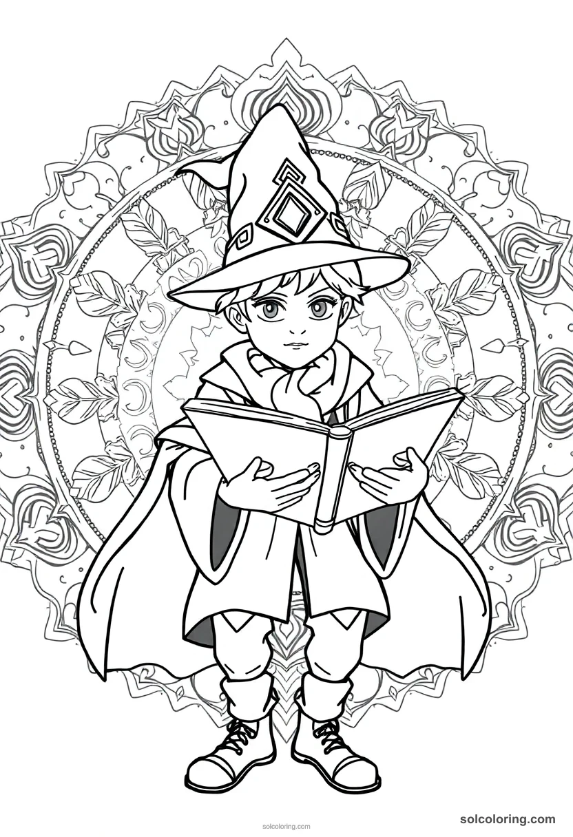 Mandala Young Wizard Student Reading a Levitating Spellbook mandala coloring page for kids