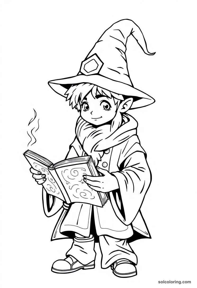 Young Wizard Student Reading a Levitating Spellbook