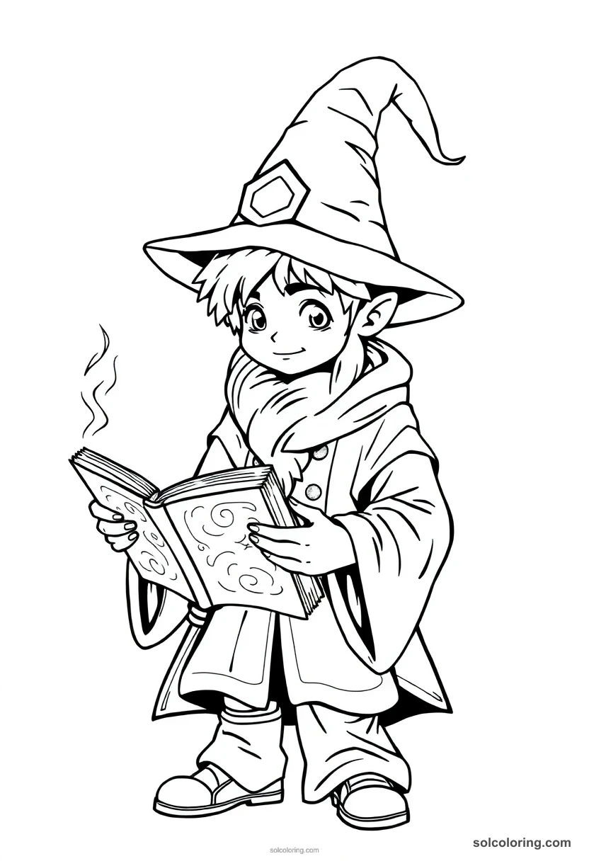 Young Wizard Student Reading A Levitating Spellbook coloring pages