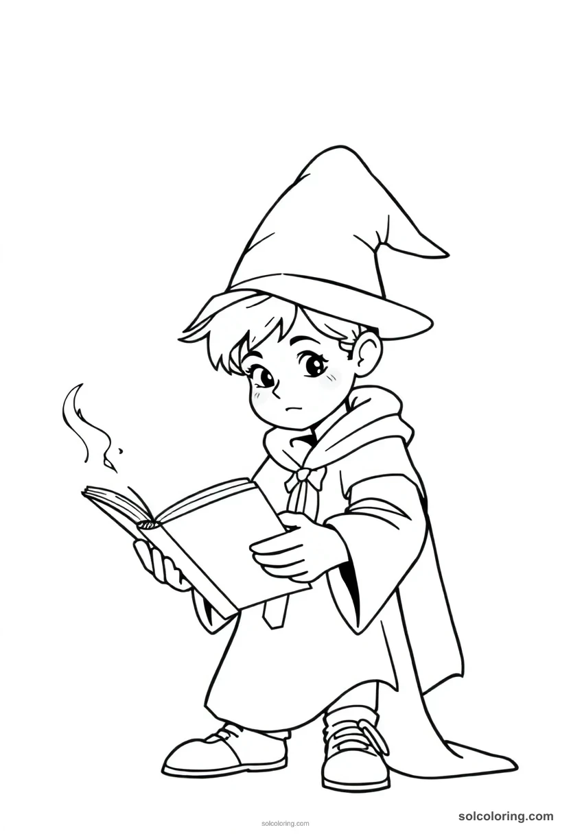 Simple Young Wizard Student Reading a Levitating Spellbook simple coloring page for kids