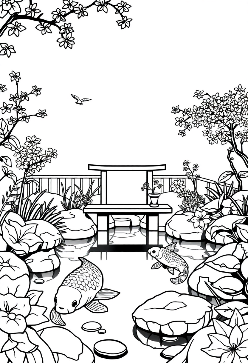 Zen Garden with Koi Fish coloring page, free printable