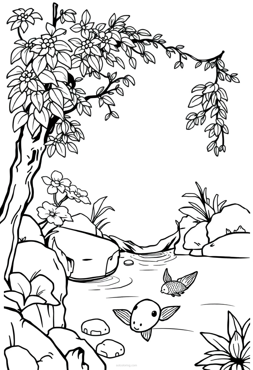 Zen Garden with Koi Fish coloring page for kids
