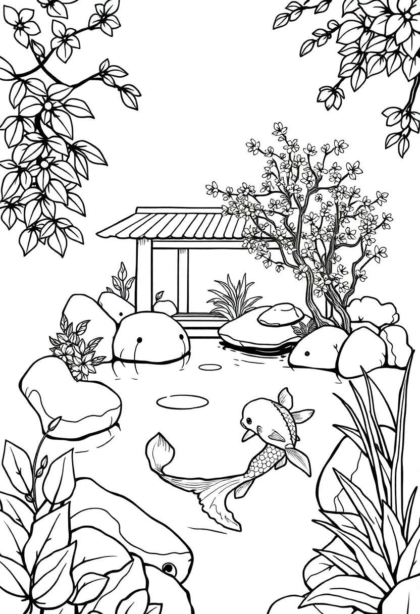 Zen Garden with Koi Fish coloring page, free printable