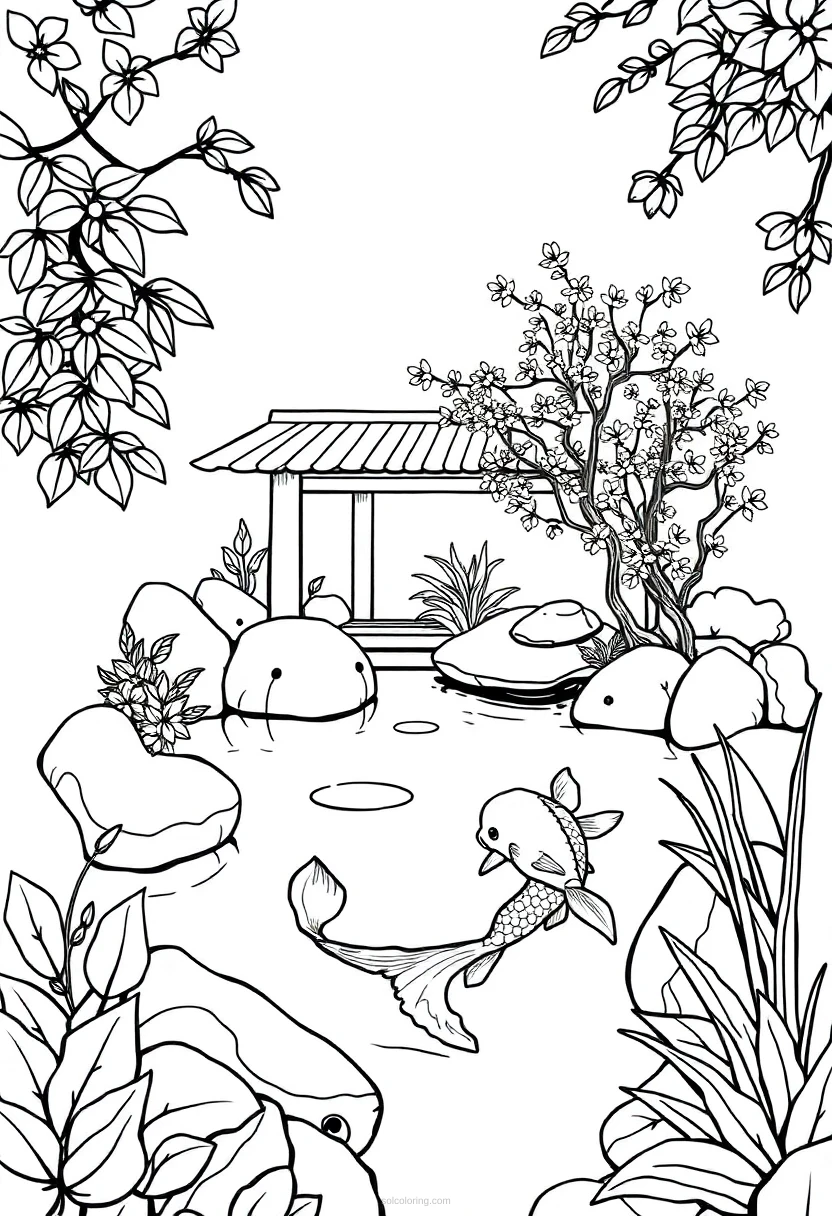 Zen Garden with Koi Fish coloring page for kids