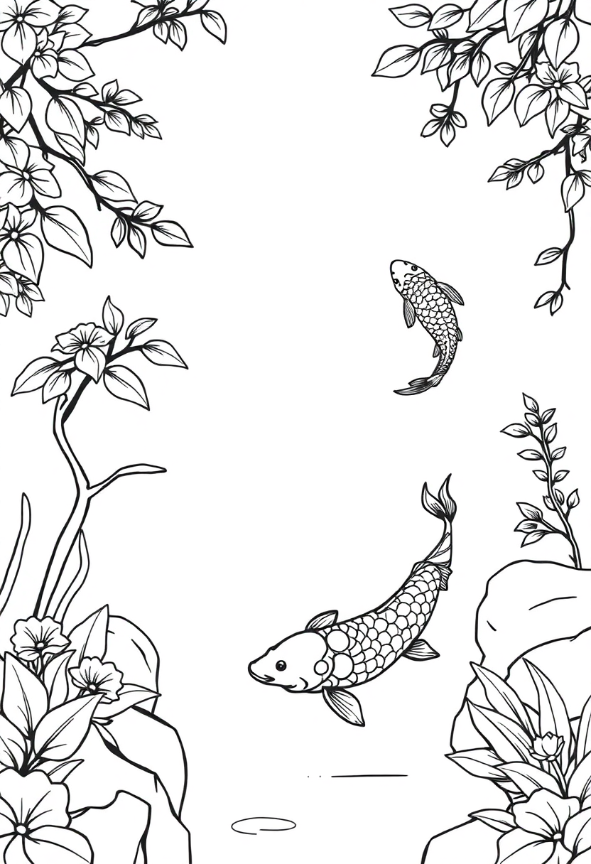 Zen Garden with Koi Fish coloring page, free printable