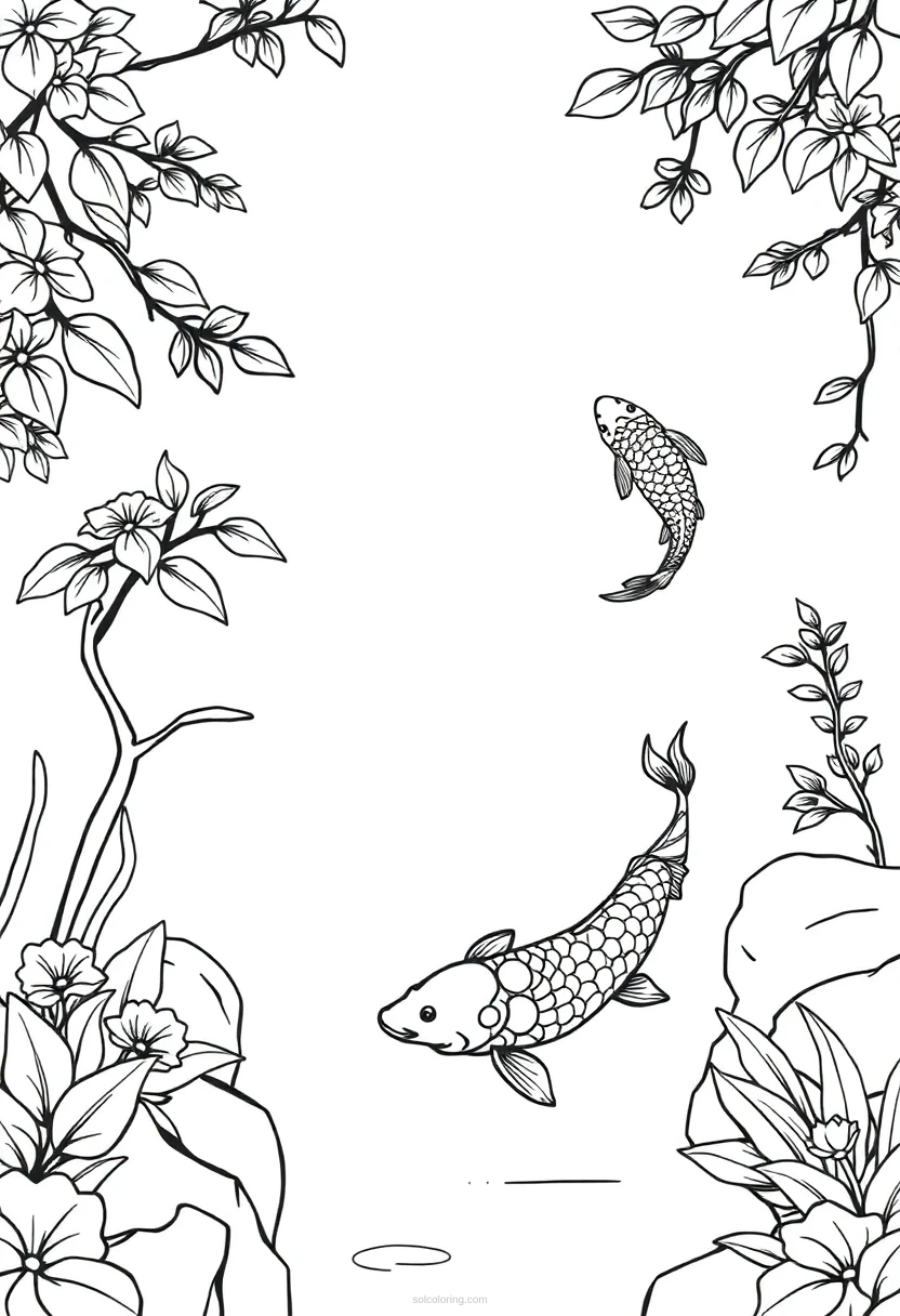 Zen Garden with Koi Fish coloring page for kids