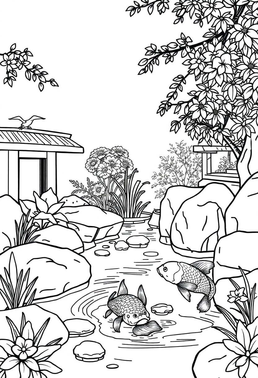 Zen Garden With Koi Fish coloring pages