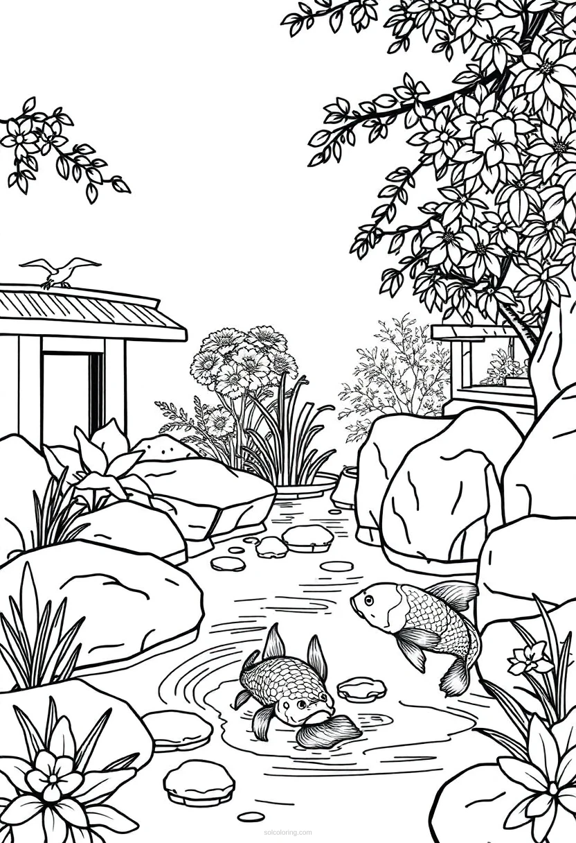Zen Garden With Koi Fish coloring pages